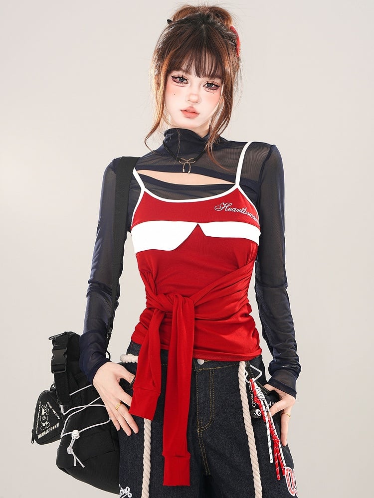 Navy Blue Cutout Detail Mock Neck Mesh Top