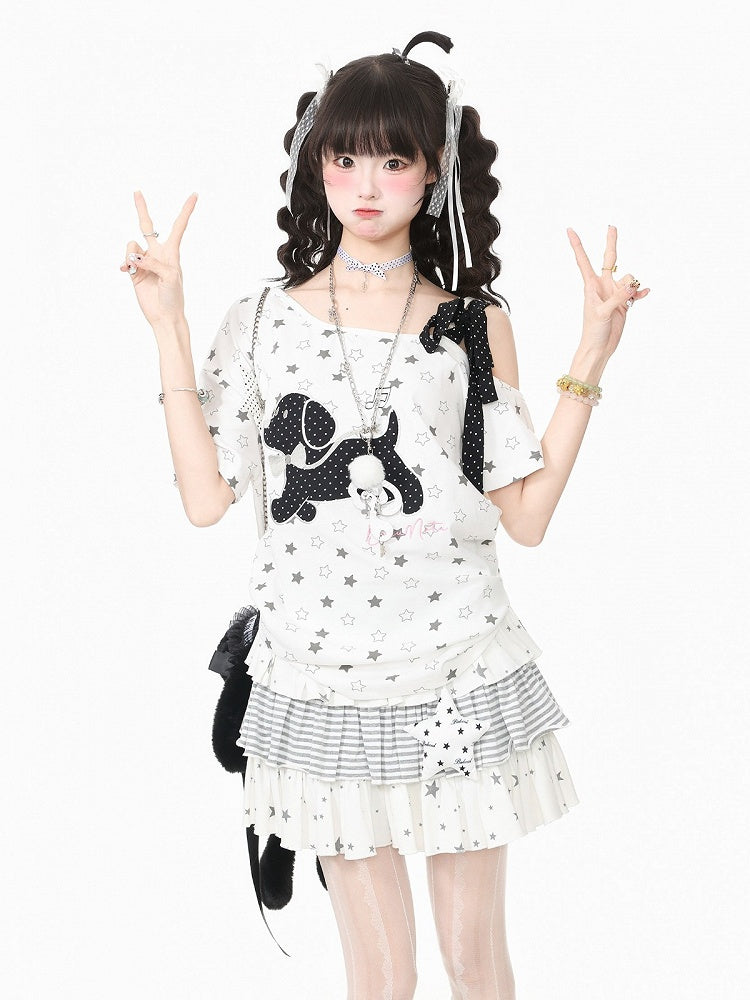 White Asymmetric Tee with Star Motif & Puppy Emblem - Languid Park