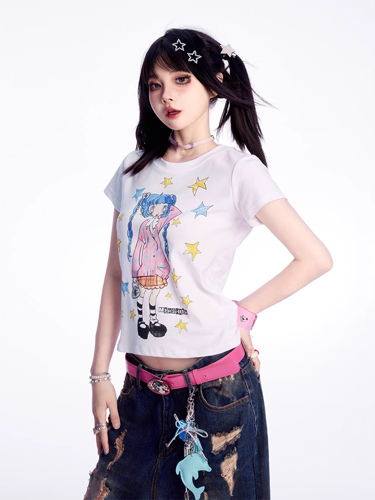 Y2K Cartoon Girl and Star Print White Round Neck T-shirt