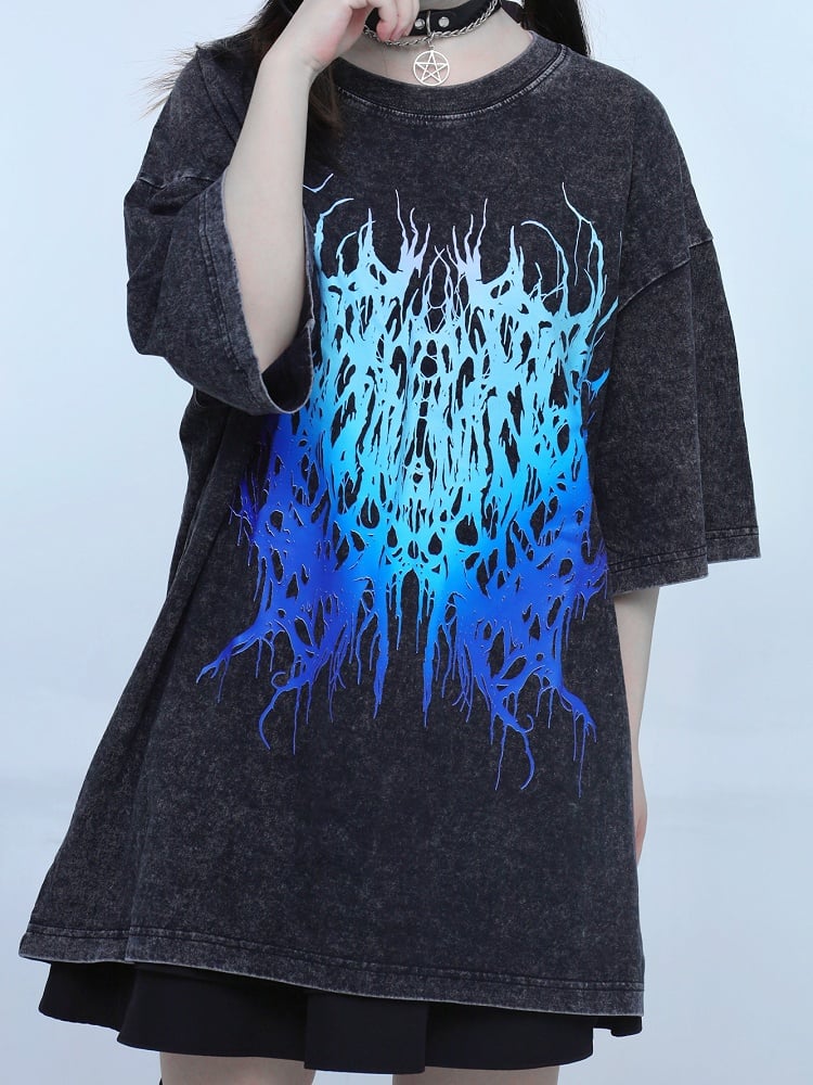 Black Neck Faded Wash Jirai Round T-shirt Design Kei