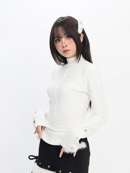 Neck Daily Sleeve Kawaii Studded with White Mock Long Design Top Accents