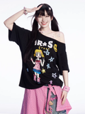 Bedrucktes schwarz-weißes T-Shirt mit asymmetrischem Ausschnitt und Vintage-Cartoon-Print