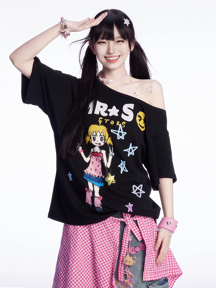 Bedrucktes schwarz-weißes T-Shirt mit asymmetrischem Ausschnitt und Vintage-Cartoon-Print