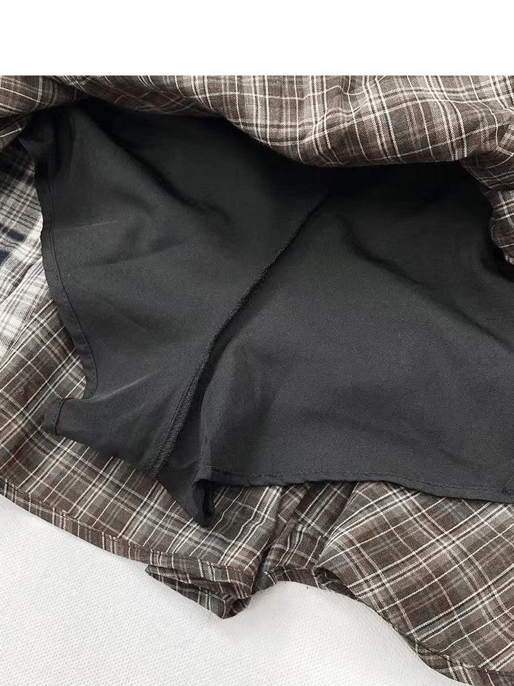 ミラードチェック柄ブラウンスカート ティアードファッション アシンメトリーヘムパターン