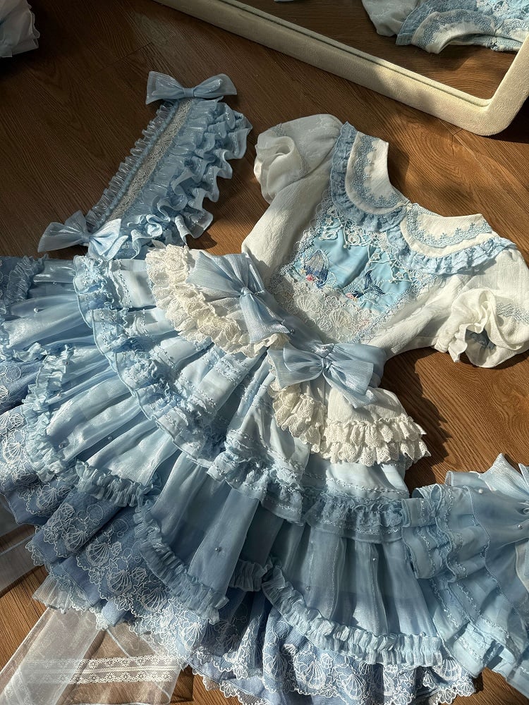 Mieder und Kragen Kleid Blau Peter Pan Print Stickerei Süß Weiß Strand Lolita Wal
