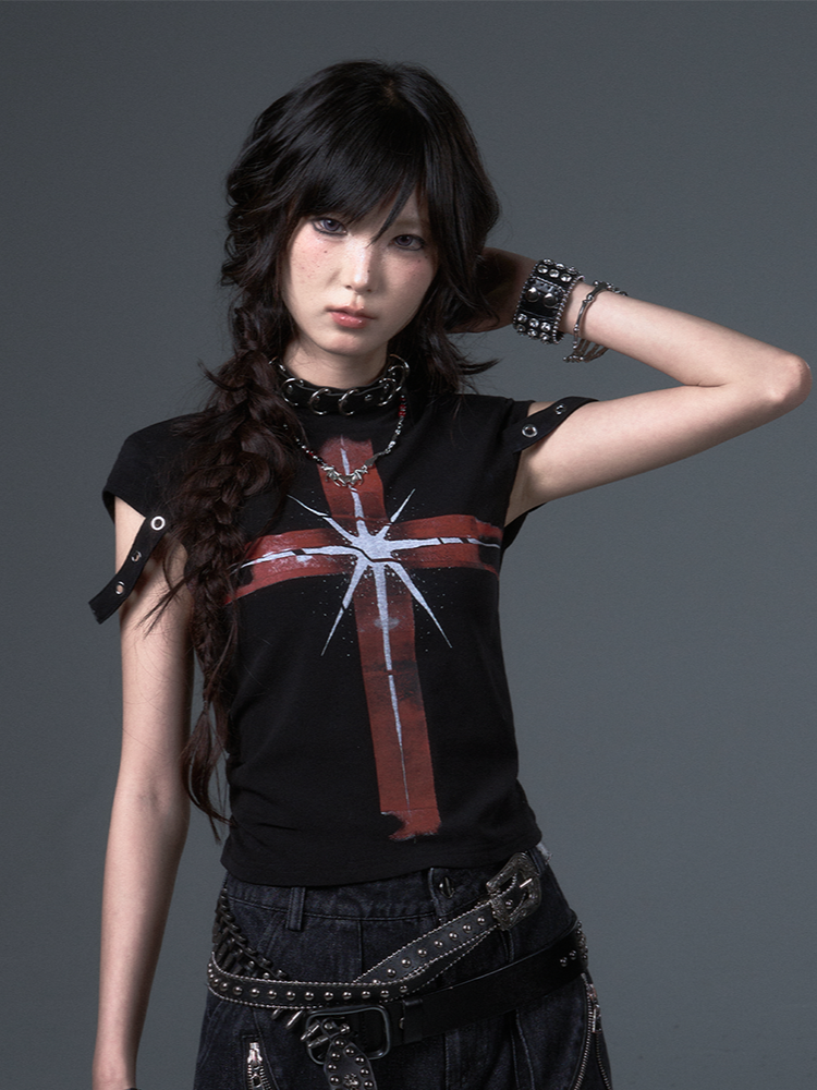 Details Black Punk Eyelet Top Strap Shoulder Structured Crop Cross With Print Red