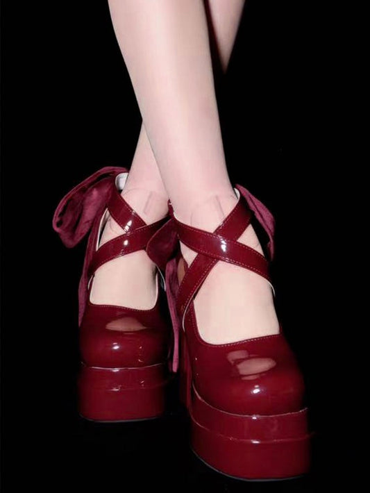 Block High Red in Buckle Elegant Heel Mary Double Janes Design Interchangeable Ribbons System Lolita Platform