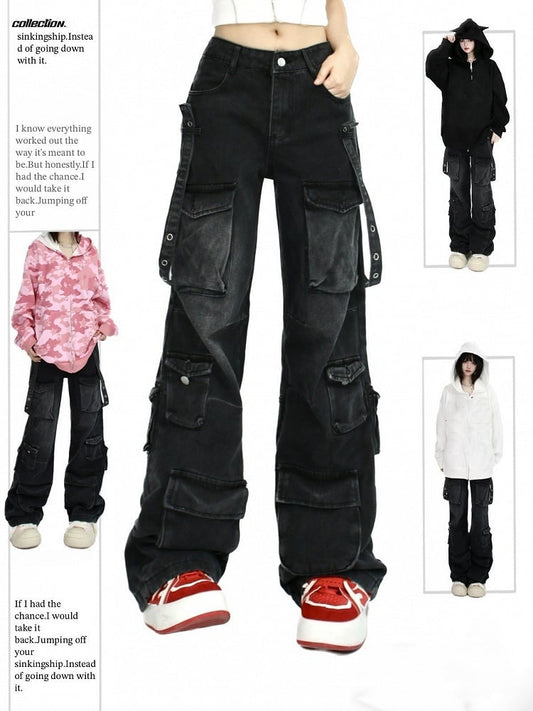 Vintage Distressed Jeans with Multiple Cargo Pockets and Denim Strap Design