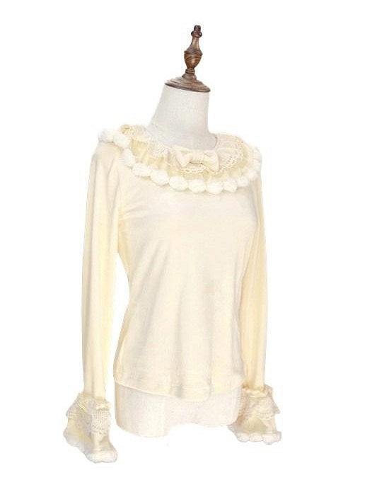 Cuffs Plush Lolita and Beige Bow Long-Sleeve with Details Top