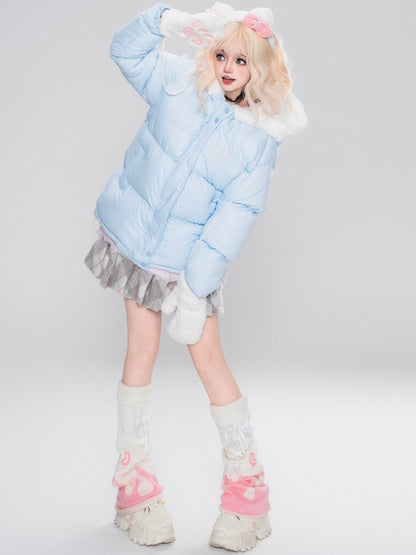 Weiße/rosa/hellblaue Kätzchen-Plüsch-Kapuzenjacke mit dicker Kapuze