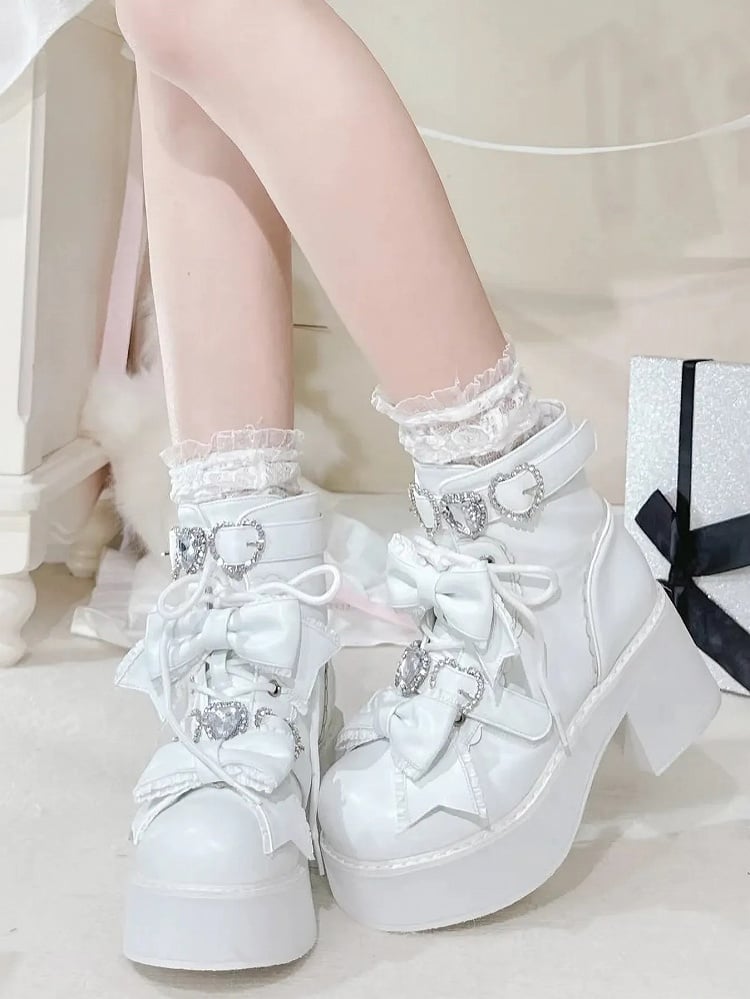 Ankle Lace-up Matte and White Jirai in Kei Buckles Sweetheart Boots with Rhinestones