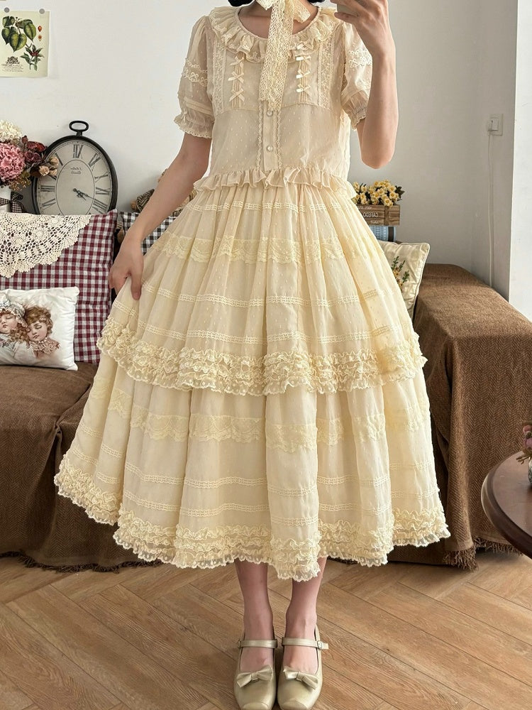 Beige Layered Polka-Dot Lace Skirt - Hana Studio