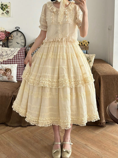 Beige Layered Polka-Dot Lace Skirt - Hana Studio