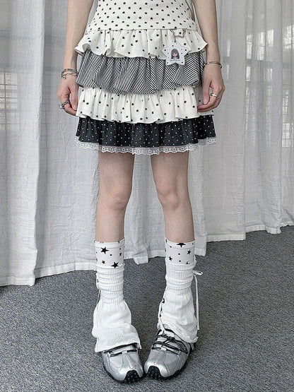 White Layered Ruffle Star Polka Dot Stripe Skirt - Solkatt