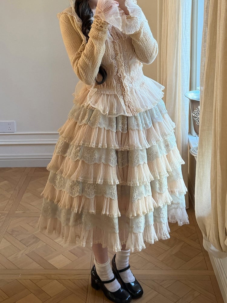 Details with Tulle Flower Multi-Layered Blue Lolita Beige Elegant Skirt Embroidery
