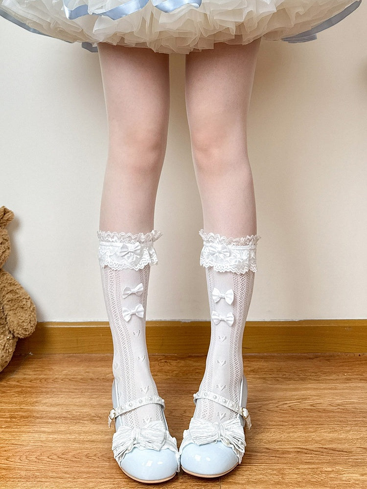 Lolita Calf Socks in Milk Yellow & White with Lace Trim & Bow Accents - Fat Bear Story