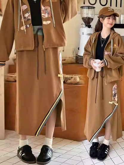 Brown Drawstring Vintage Fashion Slit Skirt Side Millard Waist Prince Print