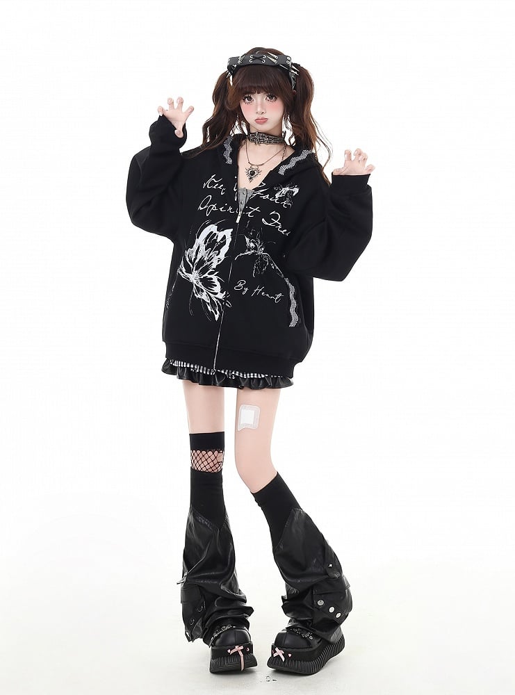 Hoodie Bittersweet Black Butterfly Print Zip Closure