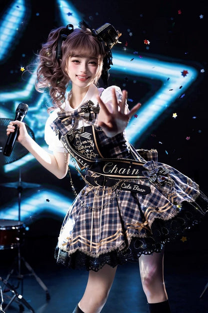 Blue Idol Lolita Plaid JSK Dress with Golden Bear Embroidery and Black Scalloped Hem - LiLi Chain
