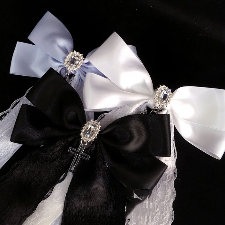 with Round Hairclip Colors Pendant Trim Bow 3 Option Lace Rhinestone Cross