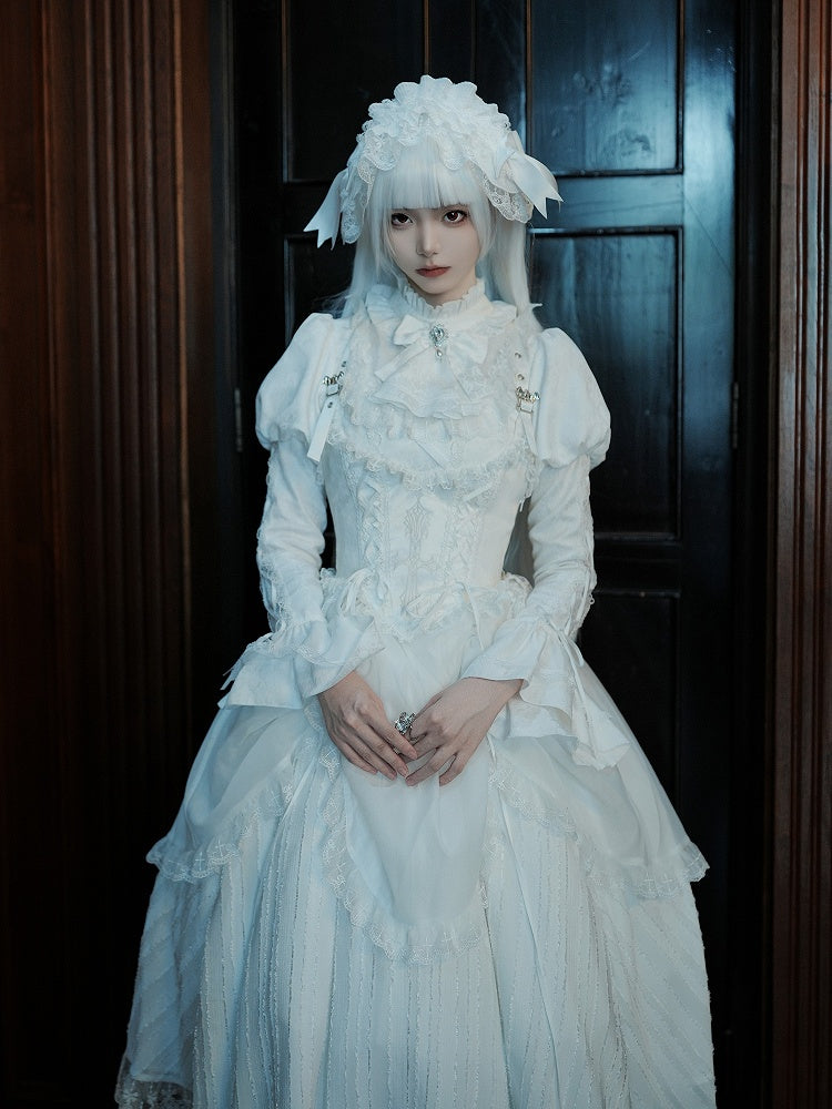 Cross-Stitched Gothic White Corset with Bat Buckle Straps - With PUJI