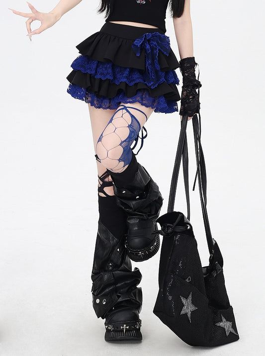Contrast Blue Lace Trim Black Elastic Tiered Skirt Y2K Waist