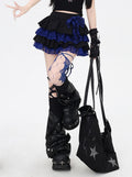 Waist Tiered Skirt Blue Lace Trim Black Elastic Y2K Contrast