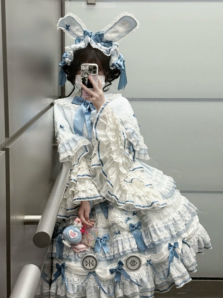 Blue Bunny Ears Lolita Jacquard Ruffled Cape - Starry Messenger