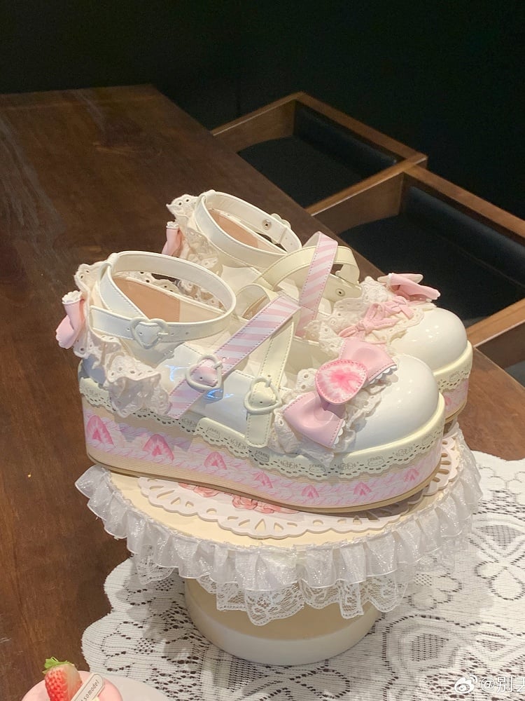 Sweet White Mary Jane Strawberry Chocolate Platforms Cake Lolita Shoes