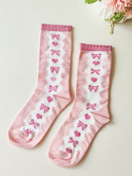 Pink Bow and Heart Pattern Ruffled Cuff Ankle Socks