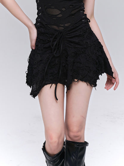 Gothic Black Asymmetrical Hem Distressed Holes Glamorous Skirt