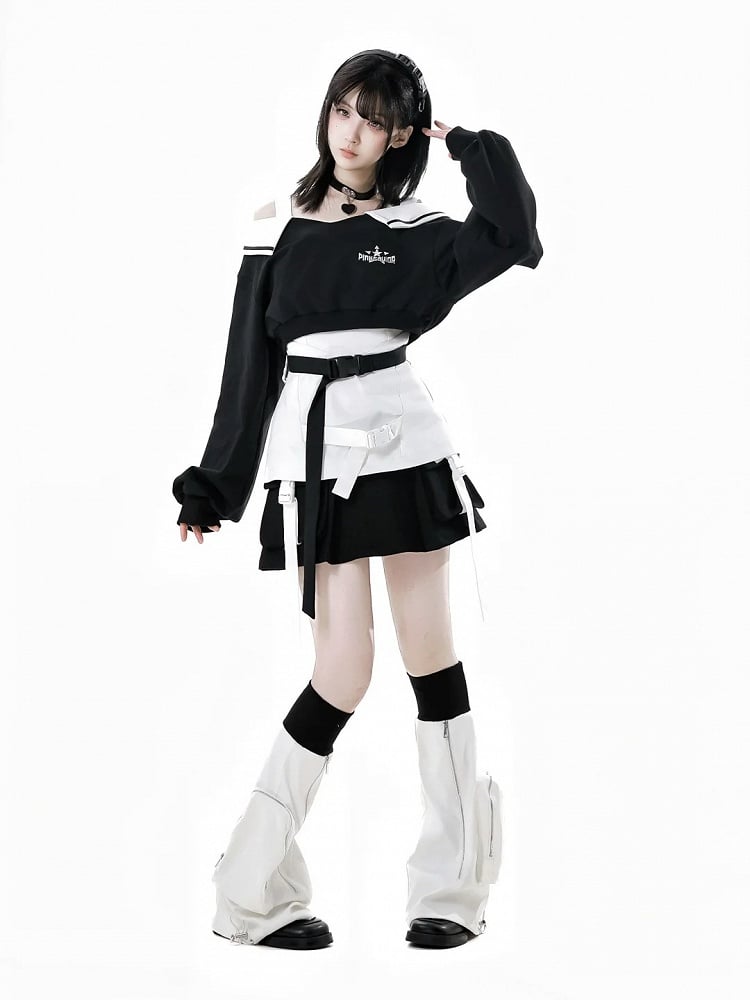 Weiß Schwarz und Kordelzug Bündchen Techwear Ausgestellte Beinwärmer Reißverschluss Detail