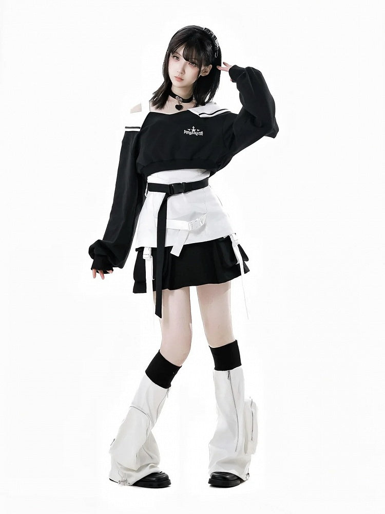 Wasteland Schwarz V-Ausschnitt Futuristisches Techwear Cropped Sweatshirt Punk