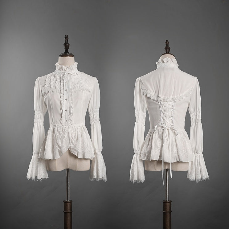 White Ruffled High Neck Gothic Long Sleeves Shirt