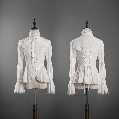 White Ruffled High Neck Gothic Long Sleeves Shirt