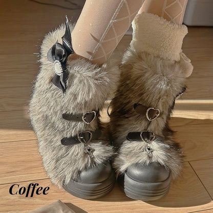 Black Heart-shaped Buckle Bow Shaggy Boots