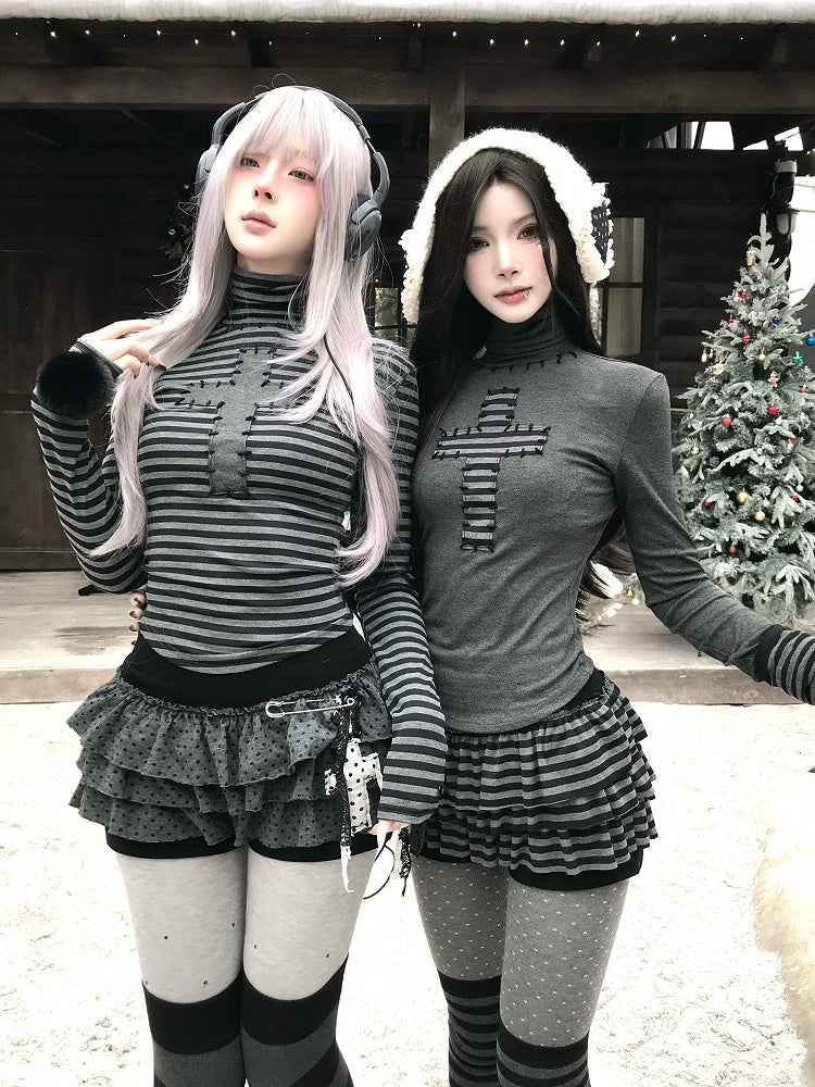 Long Sleeve Cuff Gothic Top Detachable Neck High - Pompon Decor