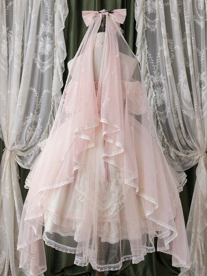 ピンクの花の蝶結びヘッドベール