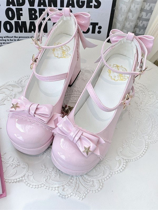 Top at Lolita Pink Heel Mary Star Bow PU - Janes Details 8cm Elegant