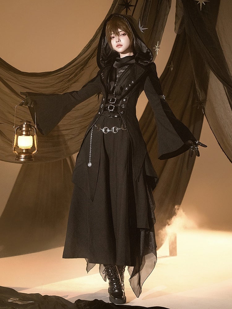 and Gothic Ouji Detachable Black Hood Irregular with Sleeves Coat Train Trumpet Lolita Trench