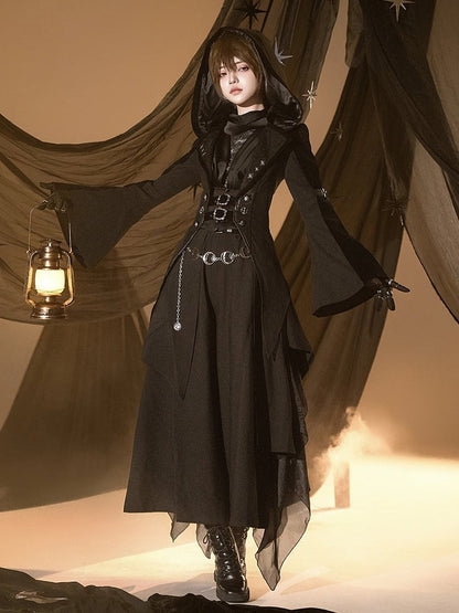 and Gothic Ouji Detachable Black Hood Irregular with Sleeves Coat Train Trumpet Lolita Trench
