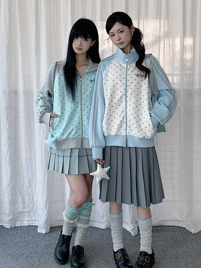 Mint Blue Y2K Polka-Dot Zip-Up Jacket with Stand Collar Design - Solkatt