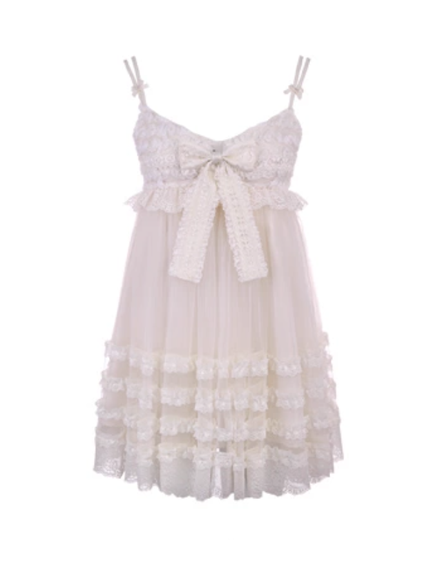 Lace With Bowknot Slip White Ruffles Dress Tiered Above Knee