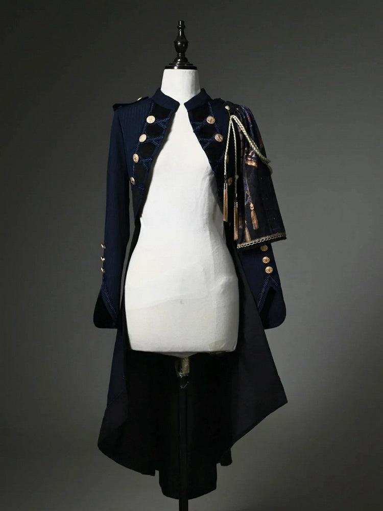 Dark Blue Detachable One-Shoulder Cape Coat