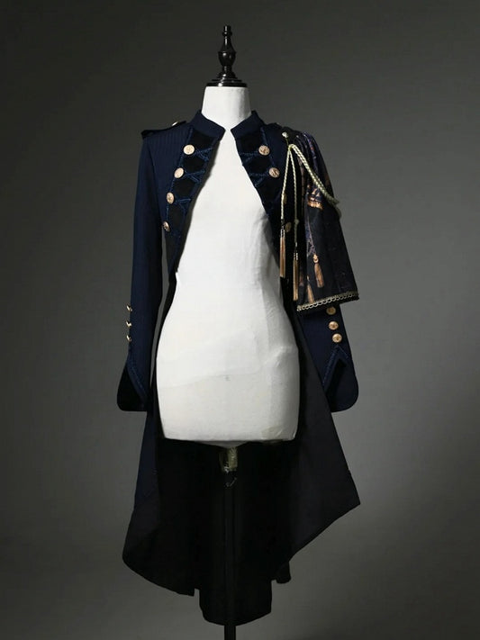 Dark Blue Detachable One-Shoulder Cape Coat
