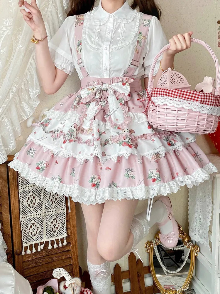 Skirt Sweet Overall Bunny Print Lolita Pink