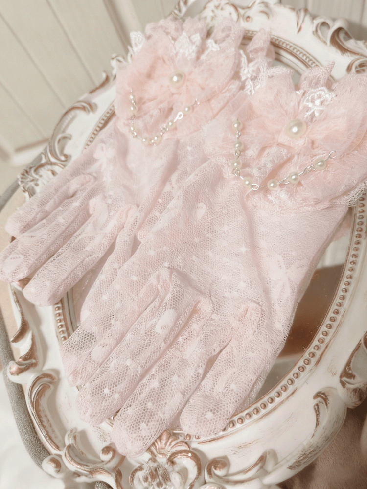Gloves Details Bowknot Princess Pearl Lace Lolita with Pink/Blue