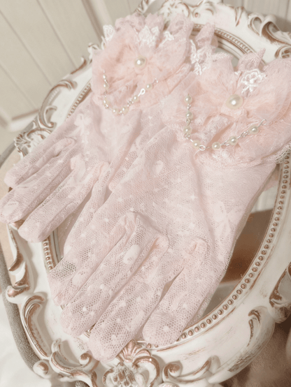 Gloves Details Bowknot Princess Pearl Lace Lolita with Pink/Blue