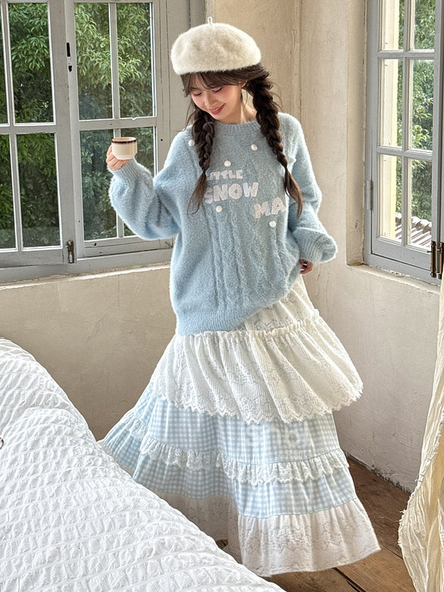Blue and White High-Waisted Lace Patchwork Plaid Mori Kei Skirt