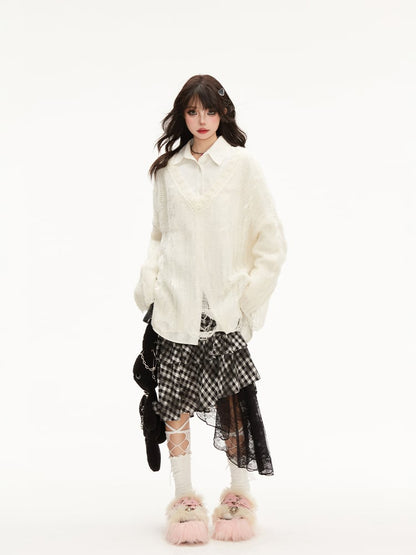 Hem Hollow-out White with Distressed V-Neck Knit Top Hole